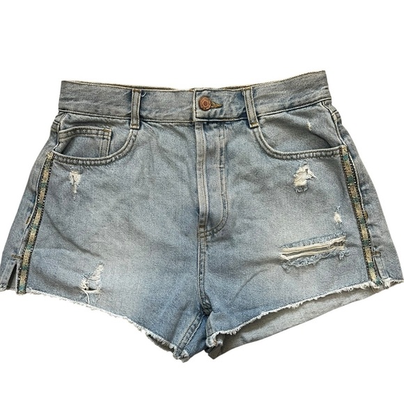 Zara Pants - Zara High WaistLight Blue Sparkle Stripe Distressed Jean Shorts EUC 4